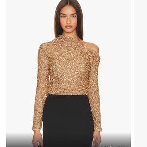 NWT Self-Portrait Asymmetric Gold sequined blouse size 10